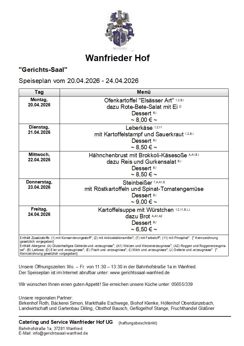 Speisekarte Gerichtssaal in Wanfried