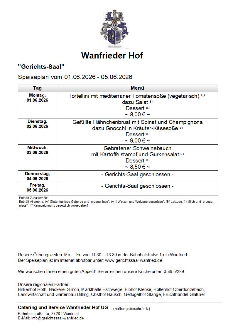 Speisekarte Gerichtssaal in Wanfried