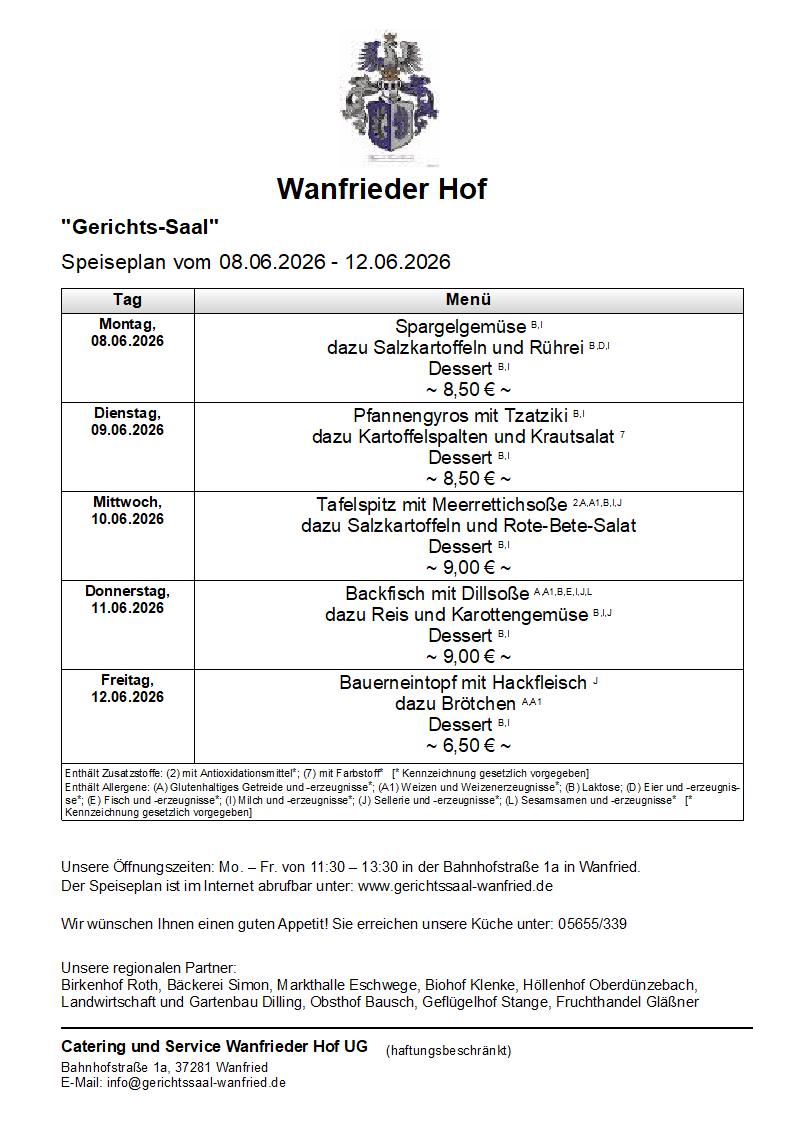 Speisekarte Gerichtssaal in Wanfried