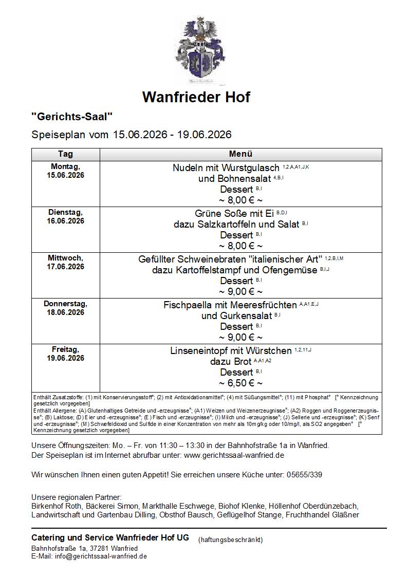Speisekarte Gerichtssaal in Wanfried