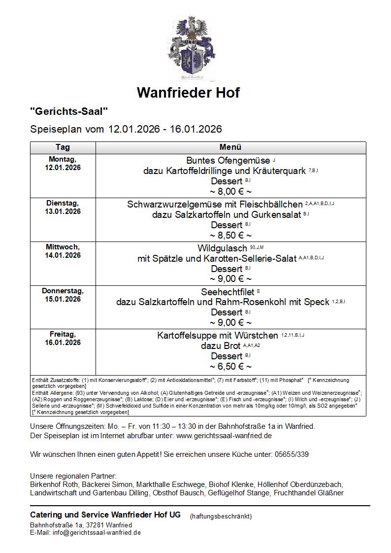 Speisekarte Gerichtssaal in Wanfried