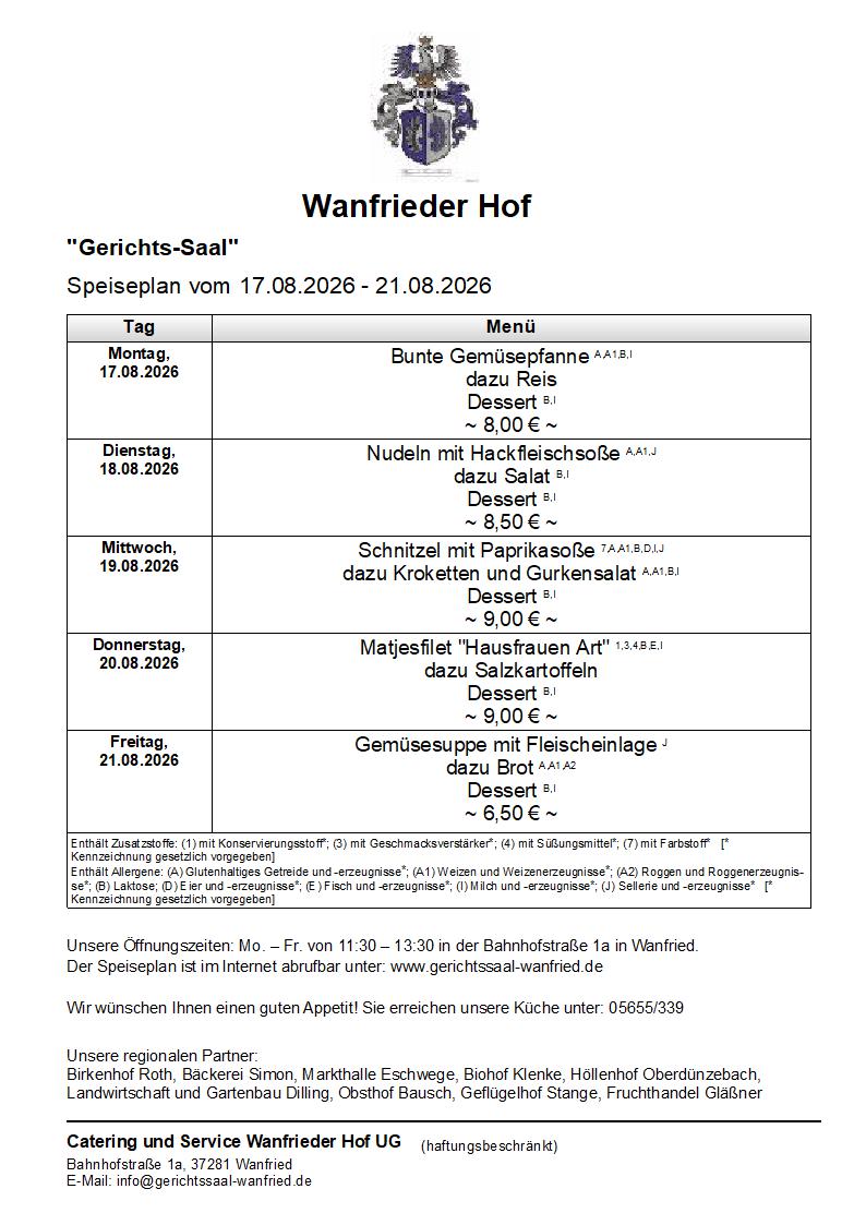 Speisekarte Gerichtssaal in Wanfried