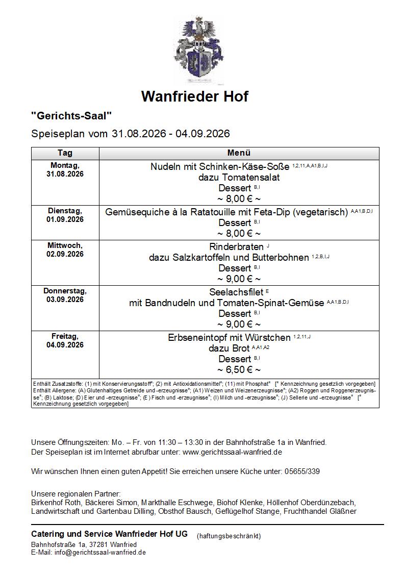 Speisekarte Gerichtssaal in Wanfried
