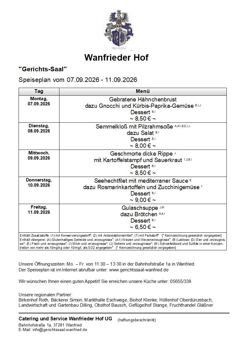 Speisekarte Gerichtssaal in Wanfried