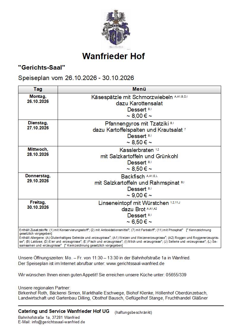 Speisekarte Gerichtssaal in Wanfried